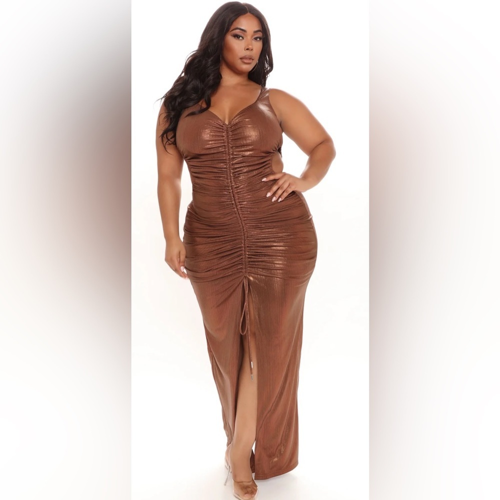 NWT Fashion Nova Mariana bronze Metallic Maxi Dress Brown cinched cut outs Sz 1X